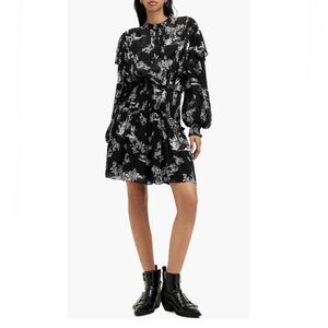 NWT AllSaints Aubrey Pleated Dress Ruffle Long Sleeve Floral Black White